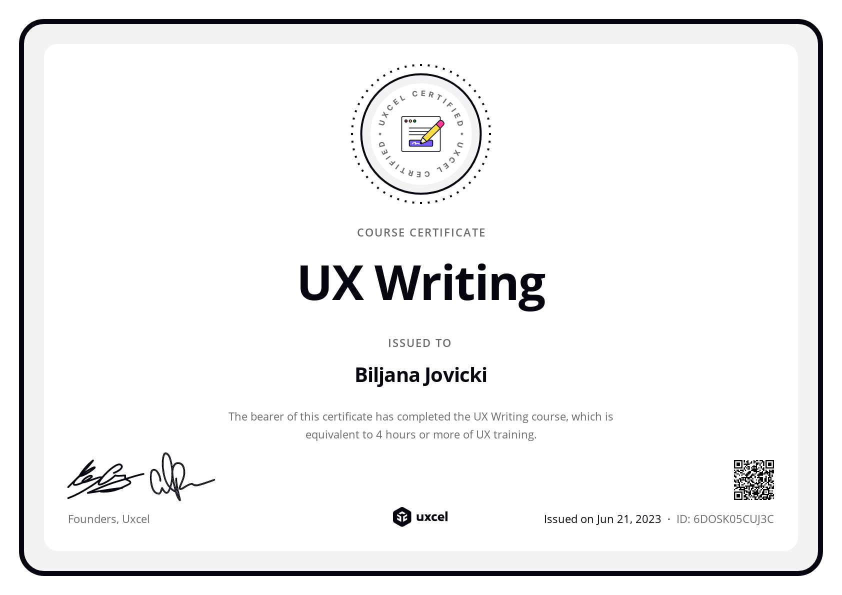 Biljana Jovicki's certificate